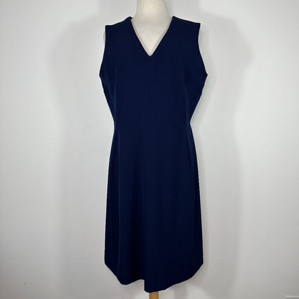 MM Lafleur Dress Women's (16) Navy Shift Midi Sleeveless V Neck Stretch Back Zip